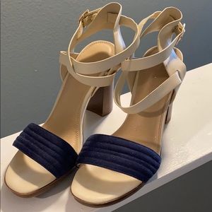 Navy and cream heeled sandals. Size 9